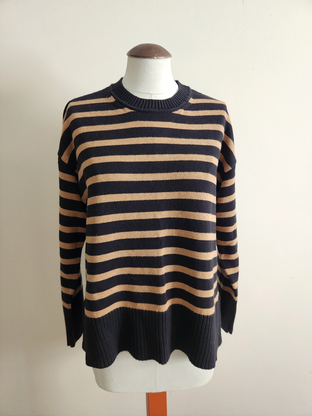 J. Crew Navy and Camel Striped Crewneck Sweater